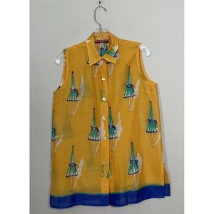 Vintage ICHTHYS Monte Carlo Sz 42 Sleeveless Top Umbrella Print Coastal Retro